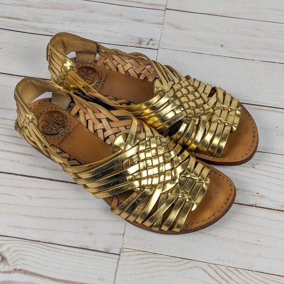 Tory Burch Shoes - Tory Burch Anya Gold Woven Leather Sandal 6